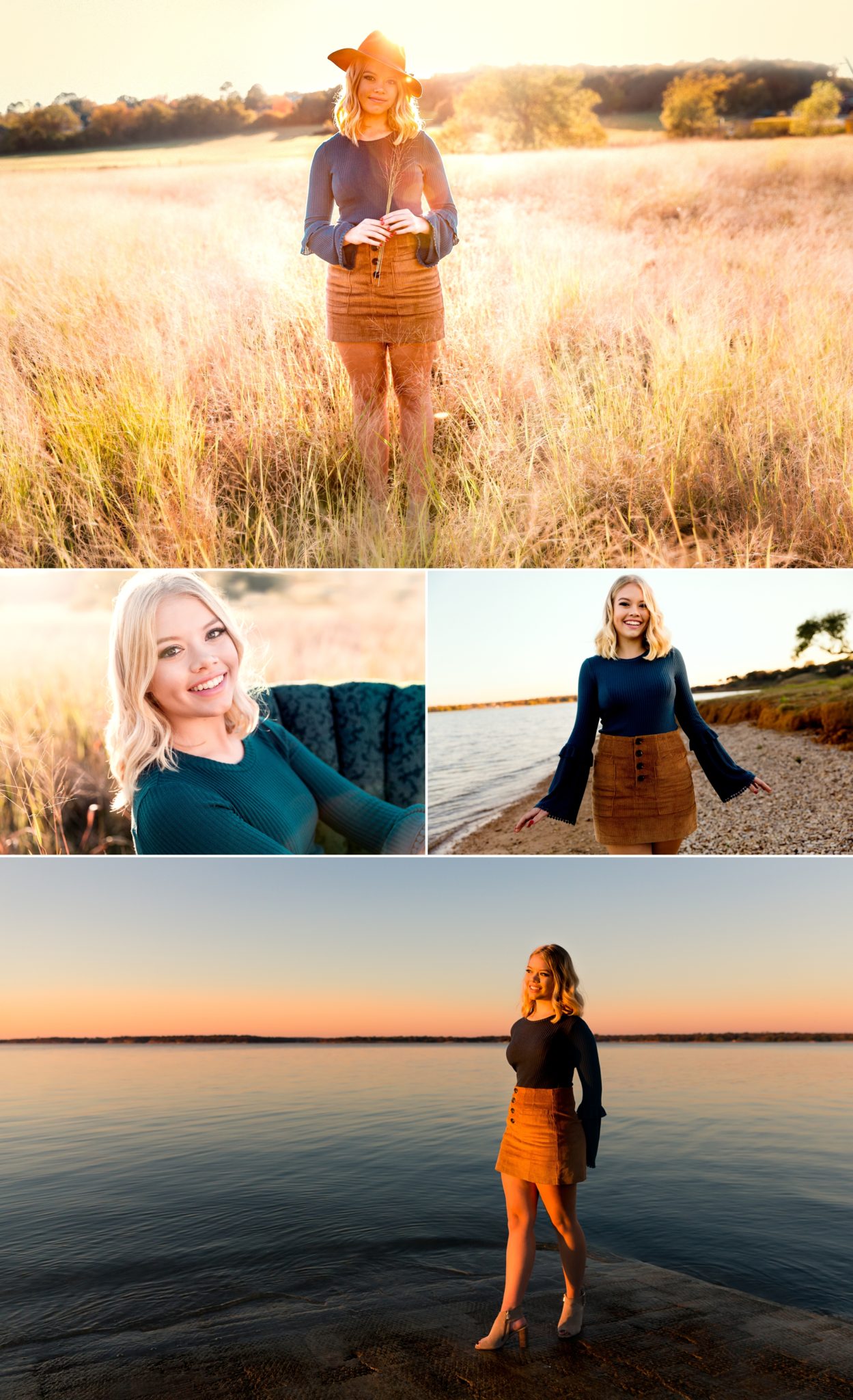 Senior girl in field and lake